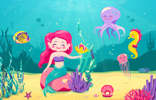 Cartoon mermaid background with fish  rocks  coral  starfish  octopus  sea horse  seaweed  pearl  jellyfish. Underwater sea life. Cute character design