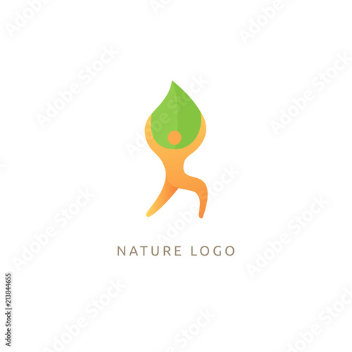 Logo concept of man and leaf. Environmental protection, camp, ecology, healthy eating, Botanical Garden, park, forest, farm, agriculture vector sign.