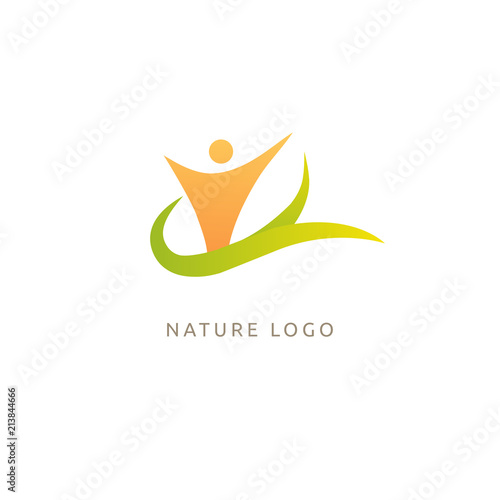 Logo concept of man and leaf. Environmental protection, camp, ecology, healthy eating, Botanical Garden, park, forest, farm, agriculture vector sign.