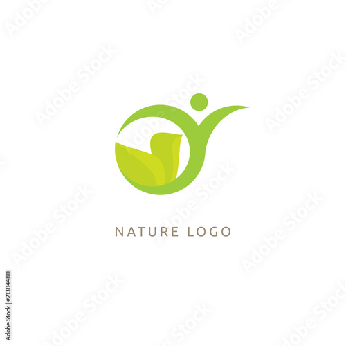 Logo concept of man and leaf. Environmental protection, camp, ecology, healthy eating, Botanical Garden, park, forest, farm, agriculture vector sign.