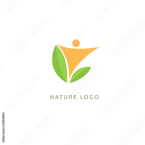 Logo concept of man and leaf. Environmental protection, camp, ecology, healthy eating, Botanical Garden, park, forest, farm, agriculture vector sign.