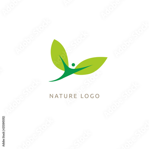 Logo concept of man and leaf. Environmental protection, camp, ecology, healthy eating, Botanical Garden, park, forest, farm, agriculture vector sign.