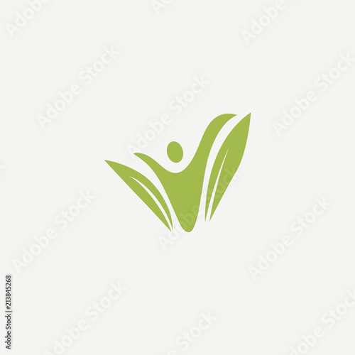 Logo concept of man and leaf. Environmental protection, camp, ecology, healthy eating, Botanical Garden, park, forest, farm, agriculture vector sign.