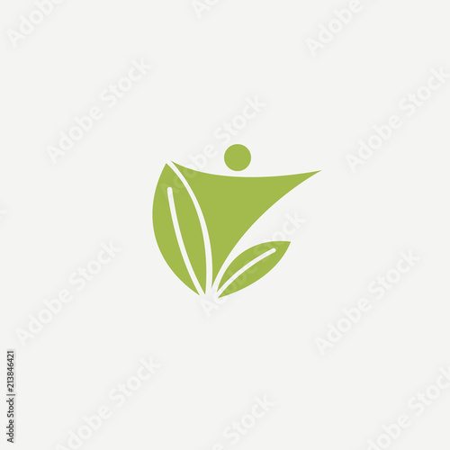 Logo concept of man and leaf. Environmental protection, camp, ecology, healthy eating, Botanical Garden, park, forest, farm, agriculture vector sign.