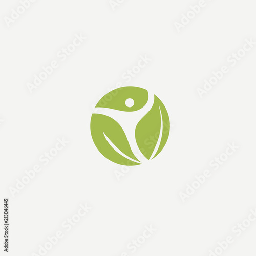 Logo concept of man and leaf. Environmental protection, camp, ecology, healthy eating, Botanical Garden, park, forest, farm, agriculture vector sign.
