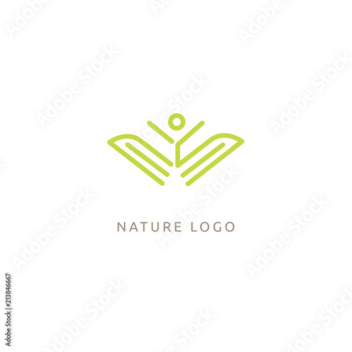 Logo concept of man and leaf. Environmental protection, camp, ecology, healthy eating, Botanical Garden, park, forest, farm, agriculture vector sign.