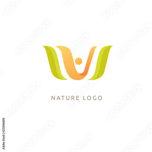 Logo concept of man and leaf. Environmental protection, camp, ecology, healthy eating, Botanical Garden, park, forest, farm, agriculture vector sign.