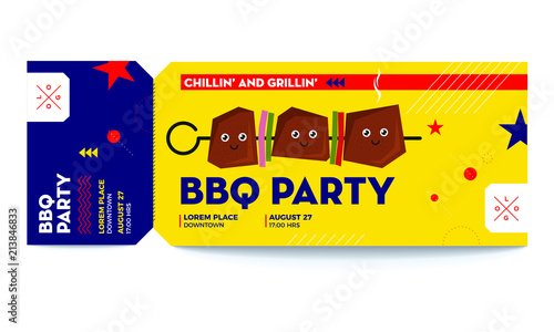 BBQ Party Invitation Voucher Template. Vector illustration of kebab character. Eps 10