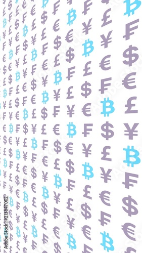 Bitcoin and currency on a white background. Digital Cryptocurrency symbol. Business concept. Market Display. 3D illustration