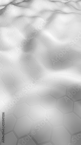 Fototapeta Naklejka Na Ścianę i Meble -  White honeycomb with a gradient color on a light background. Perspective view on polygon look like honeycomb. Wavy surface. Isometric geometry. 3D illustration