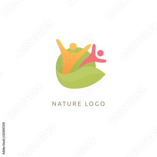 Logo concept of man and leaf. Environmental protection, camp, ecology, healthy eating, Botanical Garden, park, forest, farm, agriculture vector sign.