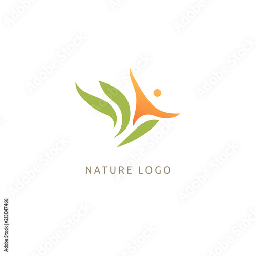 Logo concept of man and leaf. Environmental protection, camp, ecology, healthy eating, Botanical Garden, park, forest, farm, agriculture vector sign.