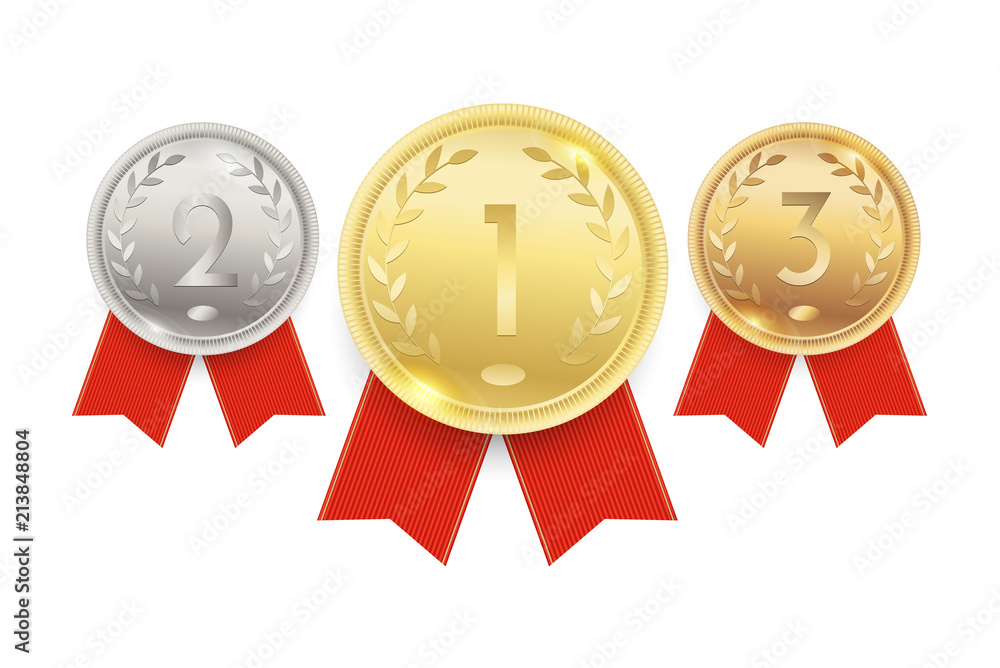 Gold, silver and bronze medals, championship awards with red ribbons. Vector illustration. Gold, silver and bronze medals, championship awards with red ribbons. Vector illustration.
