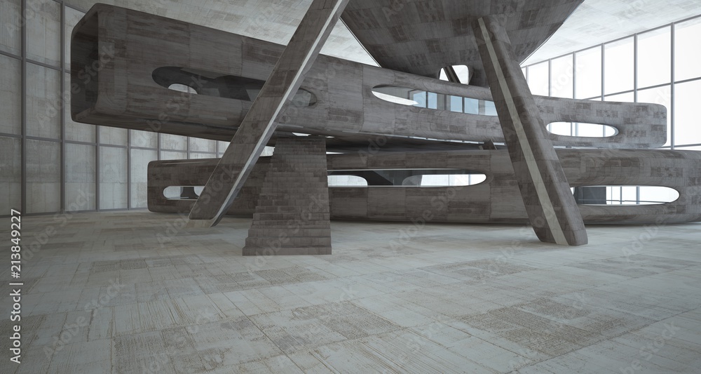 Obraz premium Empty dark abstract brown concrete room smooth interior. Architectural background. Night view of the illuminated. 3D illustration and rendering