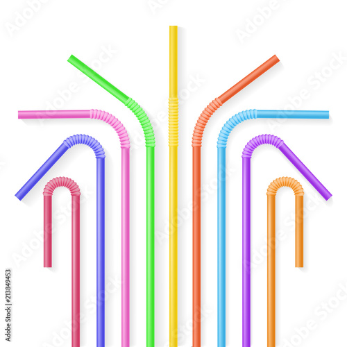 Colorful plastic drinking straws. Realisic vector illustration. Summer drinks