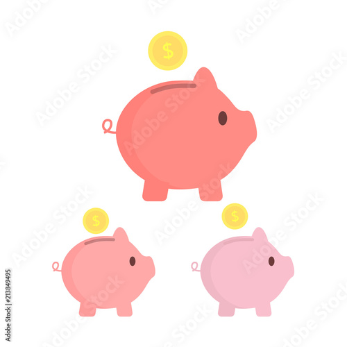 Piggy bank with coins. Different tints. SavIng money or open a bank deposit concept. Vector illustration.