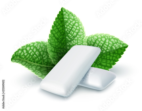 Pads of bubble gum with mint flavour. Green leaves spearmint