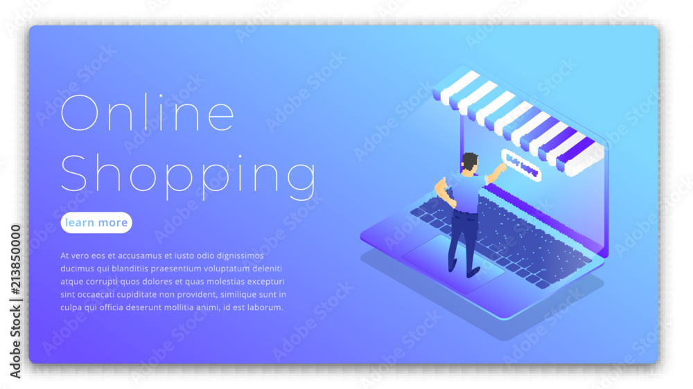 Online shopping. Isometric illustration of man buying online via laptop. Shopping web concept