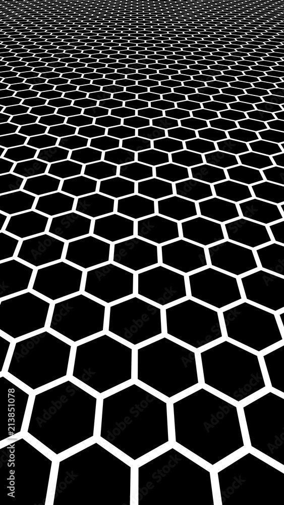White honeycomb on a black background. Perspective view on polygon look like honeycomb. Isometric geometry. Vertical image orientation. 3D illustration White honeycomb on a black background. Perspective view on polygon look like honeycomb. Isometric geometry. Vertical image orientation. 3D illustration