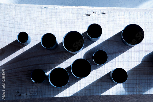 Pottery on wooden plank