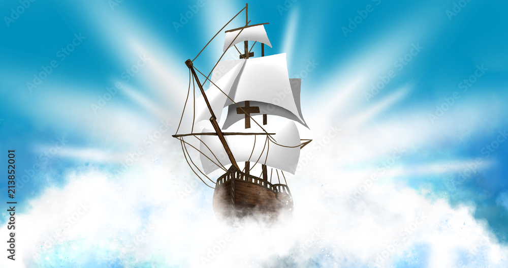 A ship with white sails on the waves of the sea, the ocean. Marine background, illustration of a ship. Discovery of America by Columbus.