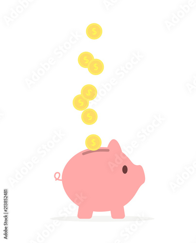 Pink pig or piggy bank with coins. SavIng money or open a bank deposit concept. Vector illustration.