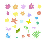 Floral elements with leaves, butterfly, dragonfly. Simple hand drawn style. Vector illustration.
