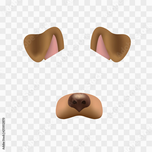 Dog face mask for video chat isolated on checkered background. Animal character ears and nose. 3d filter effect for selfie photo decoration. Brown dog elements.