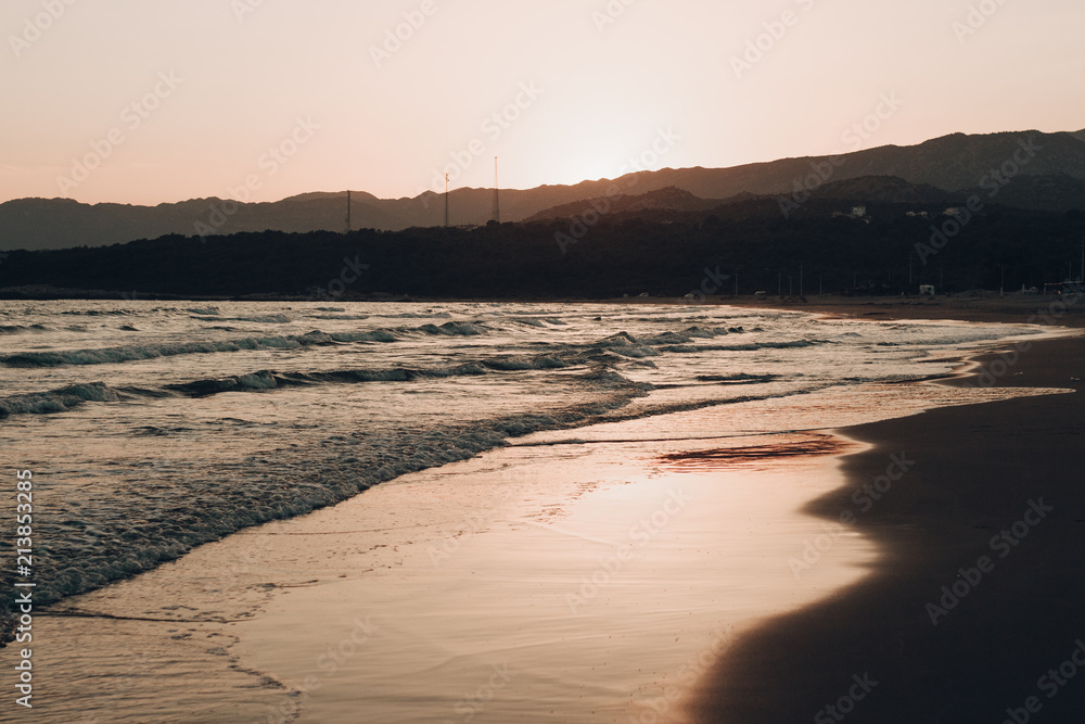 Panorama view of sunset sky on tropical beach in twilight time at Mediterranean Sea, Turkey