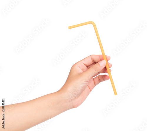 hand holding drinking straw isolated on white background. photo