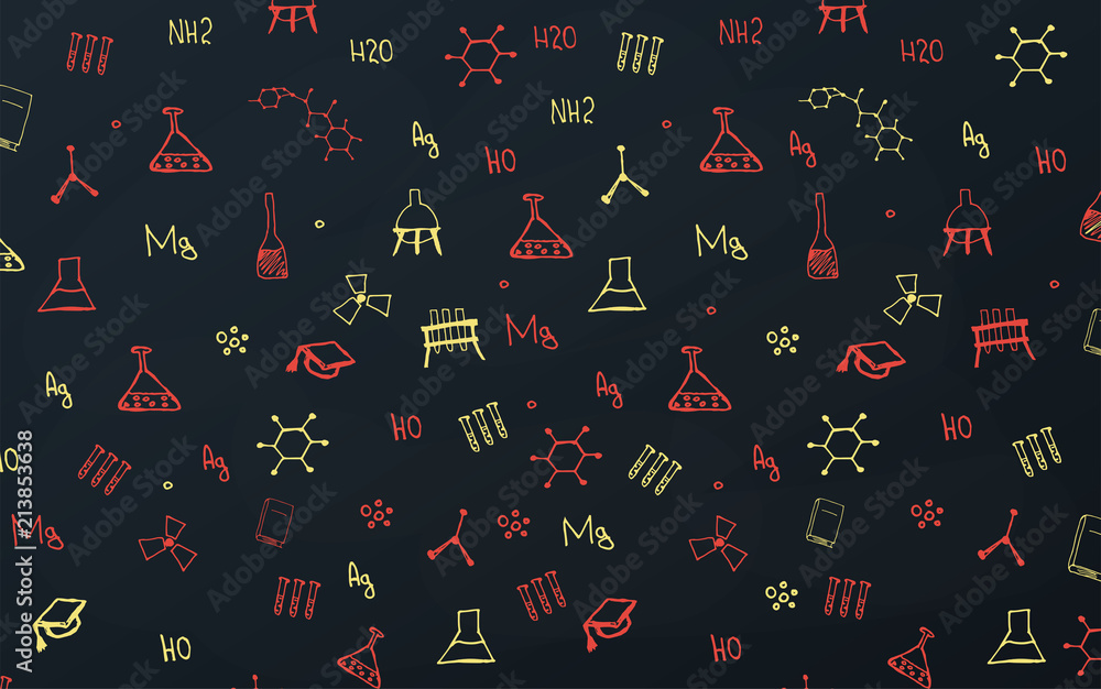 Obraz premium Chemistry School subject with hand-draw doodles. Education banner. Vector illustration.