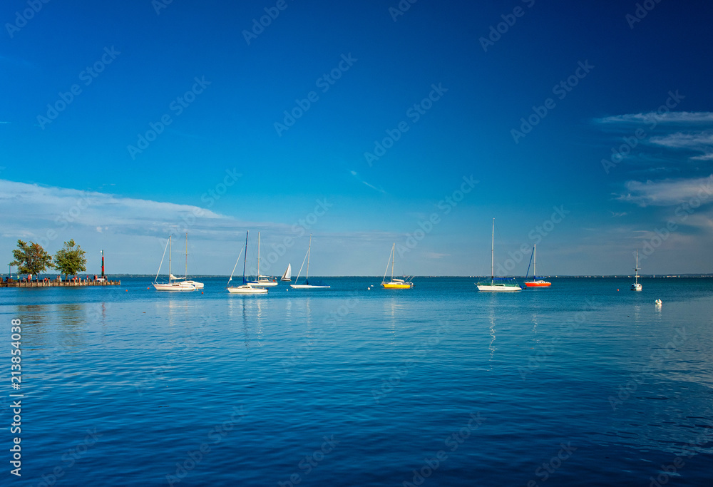 Sailboats in the port at lake Balaton, Hungary in summer