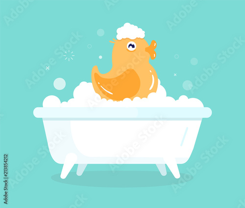 Cute cartoon yellow duck in bath with soapy bubbles. Rubber toy enjoying hygiene time. Vector design