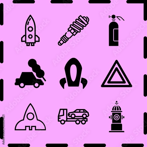 Simple 9 icon set of fire related hazard, evacuator, car crash tree and rocket outlined space ship vector icons. Collection Illustration