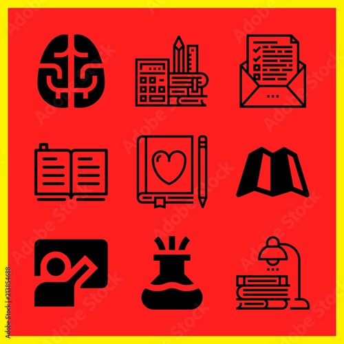 Simple 9 icon set of edication related learning, blackboard, flask and brain vector icons. Collection Illustration