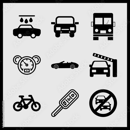 Simple 9 icon set of car related automobile, barrier and car, car key and no parking sign vector icons. Collection Illustration