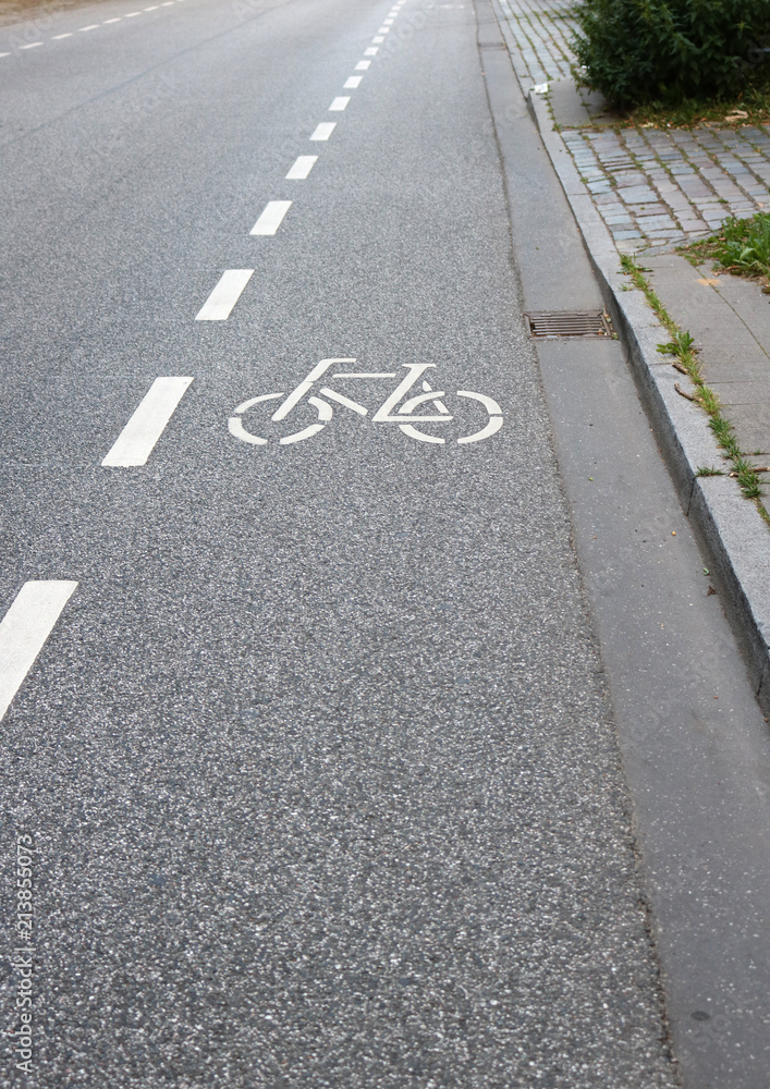 Marked bicycle lane on a paved, concrete road in Germany, no people.