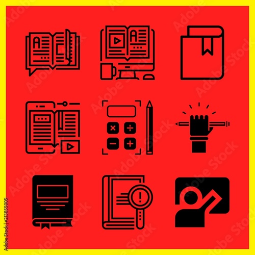 Simple 9 icon set of edication related open book, ebook, education and book vector icons. Collection Illustration