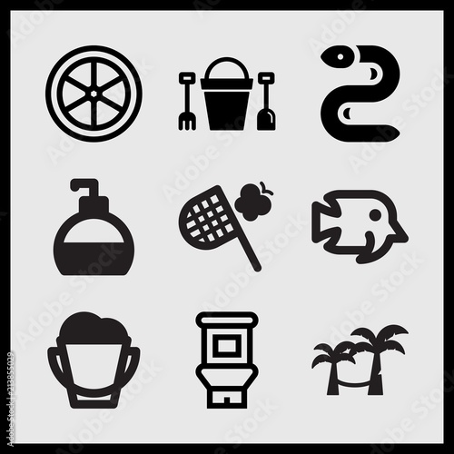 Simple 9 set of Summer related food, lemon, butterfly hunter and sand full of bucket vector icons