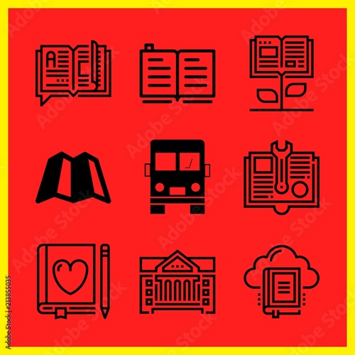 Simple 9 icon set of edication related map, school bus, open book and open book vector icons. Collection Illustration