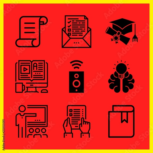 Simple 9 icon set of edication related exam, legal paper, classroom and test vector icons. Collection Illustration