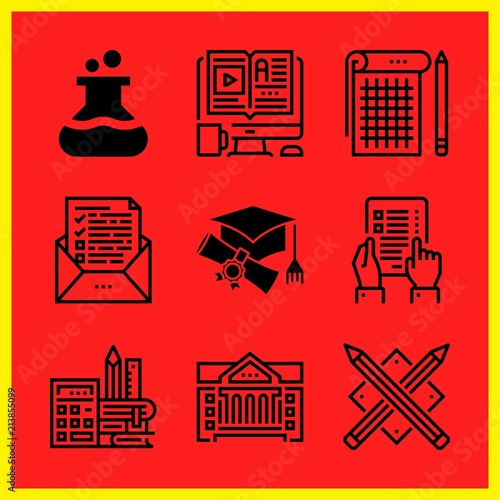Simple 9 icon set of edication related elearning, test, flask and graduation vector icons. Collection Illustration