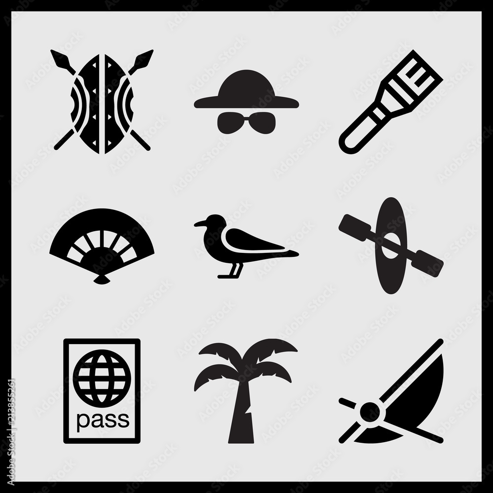 Simple 9 set of Summer related canoe with rowing, hat and sunglasses, brush and passport with globe vector icons Simple 9 set of Summer related canoe with rowing, hat and sunglasses, brush and passport with globe vector icons