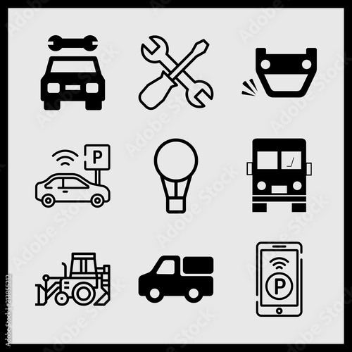 Simple 9 icon set of car related parking, repair, hot air balloon and overturned vehicle vector icons. Collection Illustration