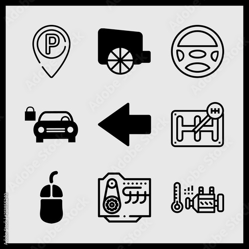 Simple 9 icon set of car related car engine, engine, carriage with big wheel and left arrow vector icons. Collection Illustration