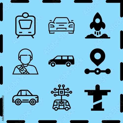 Simple 9 icon set of travel related van, car, route and sport car vector icons. Collection Illustration