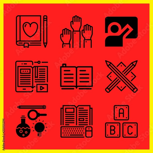 Simple 9 icon set of edication related book, online course, abc and science vector icons. Collection Illustration