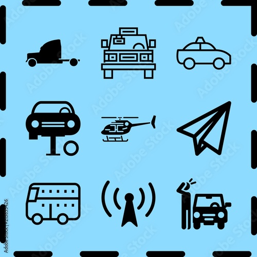 Simple 9 icon set of travel related taxi, helicopter, paper plane and small truck vector icons. Collection Illustration