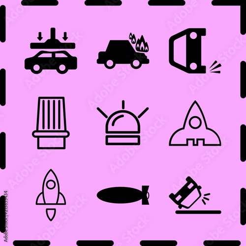 Simple 9 icon set of fire related overturned car, destroying car, missile and rocket vector icons. Collection Illustration