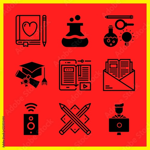 Simple 9 icon set of edication related book, graduation, speaker and ebook vector icons. Collection Illustration